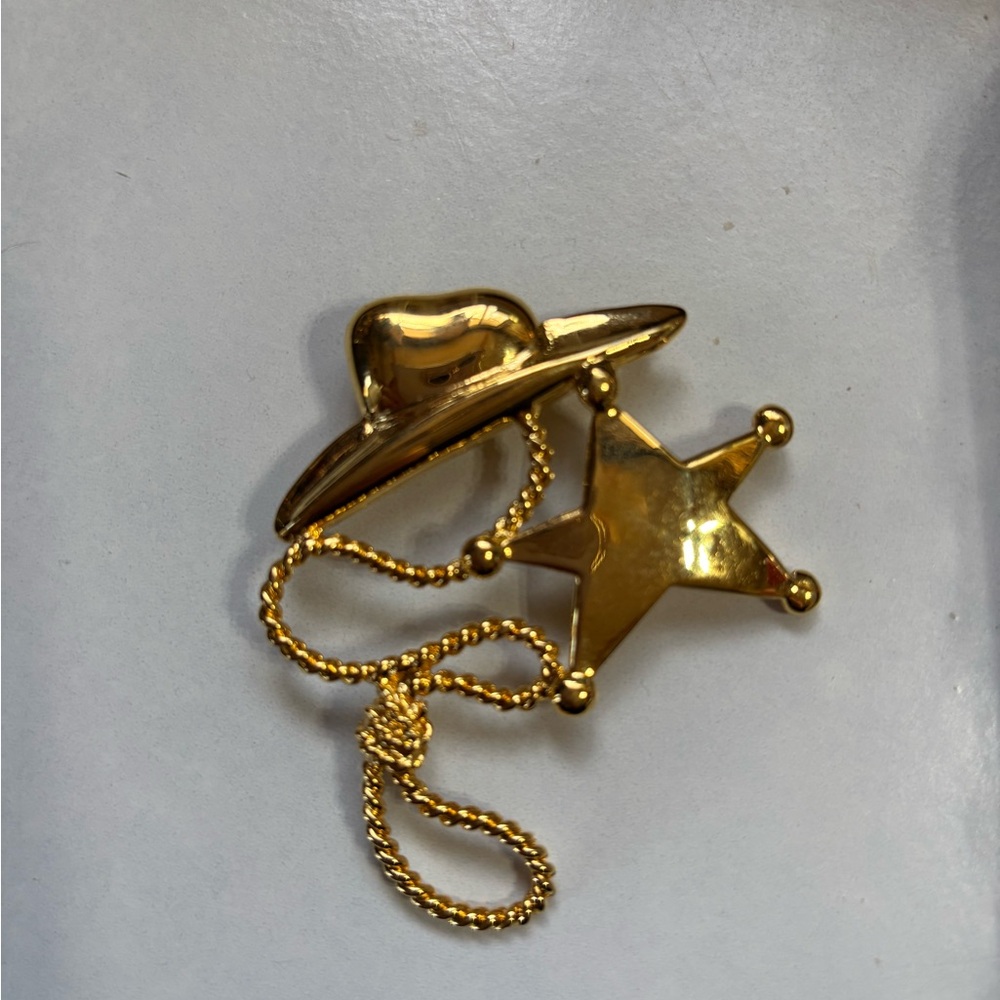 Premier Designs Vintage Gold toned Cowboy or Cowgirl Hat and Star Brooch